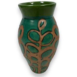 Liz Kinder Pottery Vase Leaf Blue Green Brown Glaze Home Decor Bud 5.5" Studio